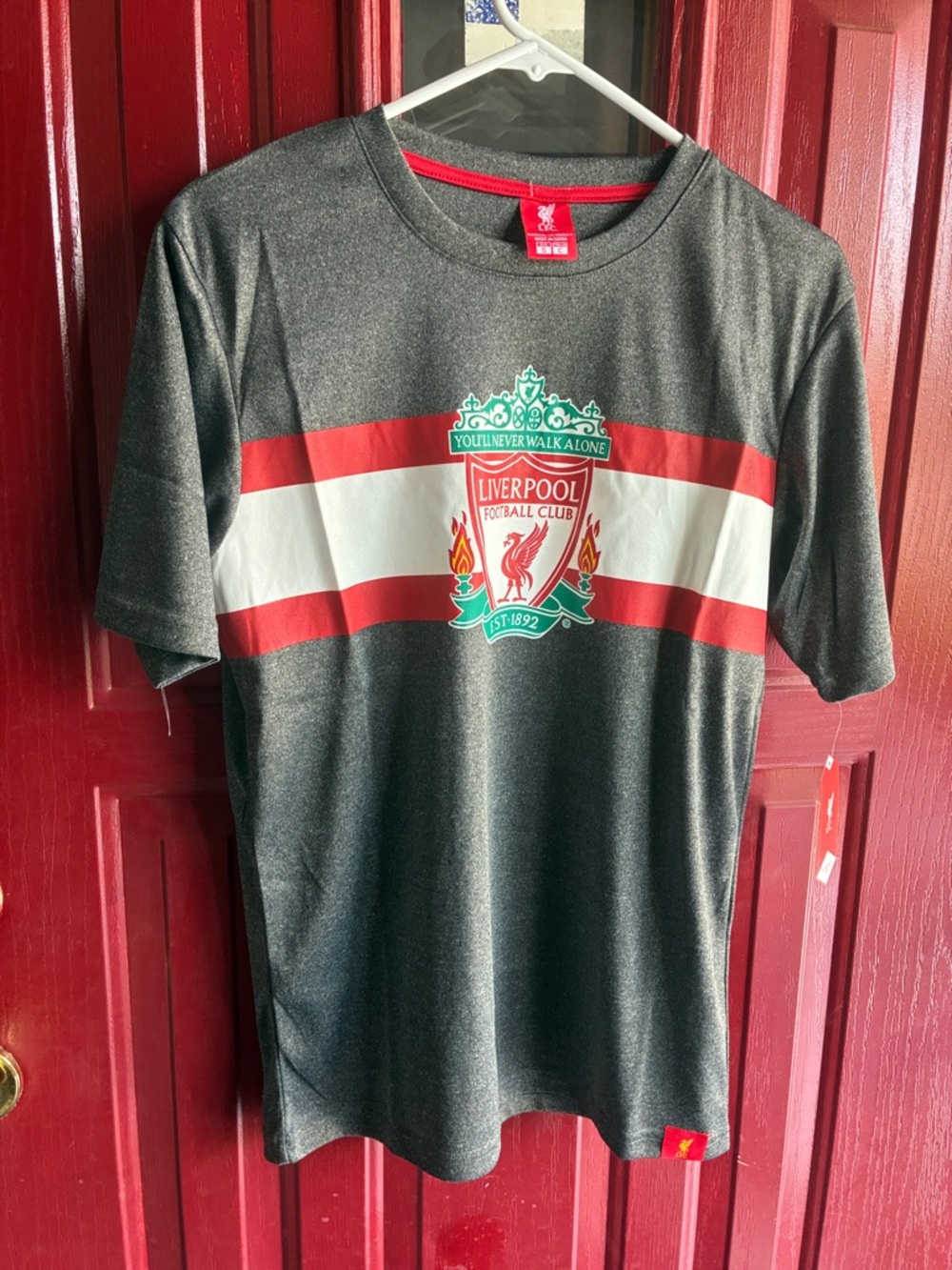 Liverpool F.C. Football Jersey Kit Black Tee with Red & White Chest Stripes